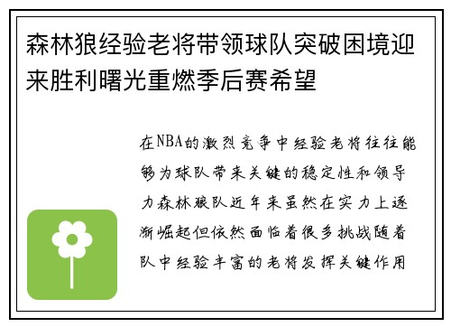 森林狼经验老将带领球队突破困境迎来胜利曙光重燃季后赛希望