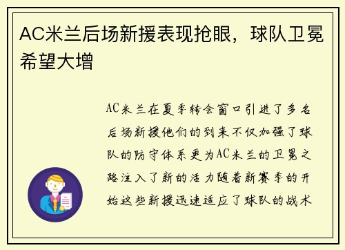 AC米兰后场新援表现抢眼，球队卫冕希望大增